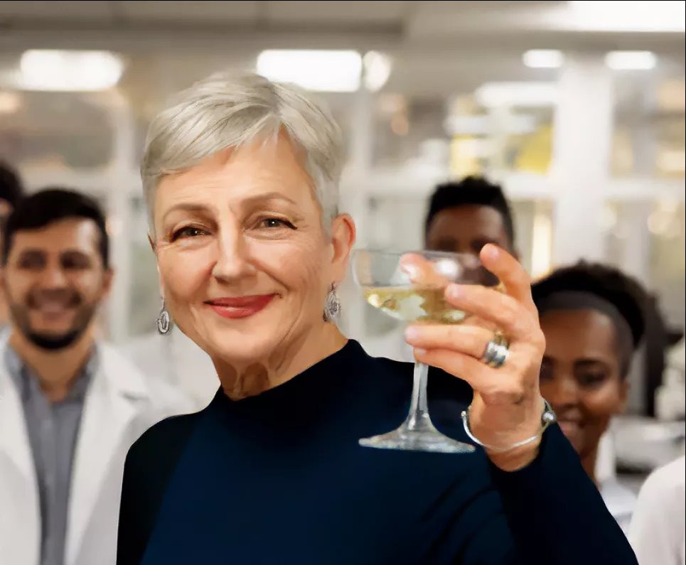 80-летняя Клер Майерсон в 2050 году поднимает бокал шампанского за следующее поколение ученых-исследователей, которые добились успеха в оказании помощи больным раком молочной железы. Фото: Джиллиан Эдельштейн/breastcancernow.org