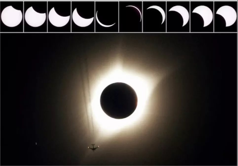 Комбинация из десяти изображений показывает ход частичного солнечного затмения вблизи полного солнечного затмения на Гернси, штат Вайоминг, вблизи пролета реактивного самолета, 21 августа 2017 г. Фото: REUTERS/Год Уилкинг