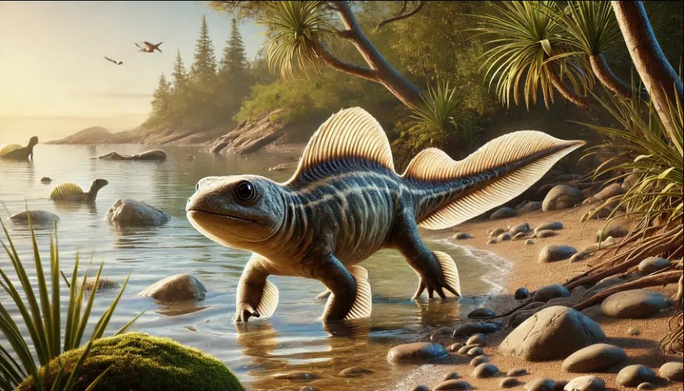 Тиктаалик (Tiktaalik roseae) — вымершая лопатеперистая рыба из позднего девона Канады, считающаяся одним из древнейших примеров наземных позвоночных животных. Изображение сгенерировано ИИ