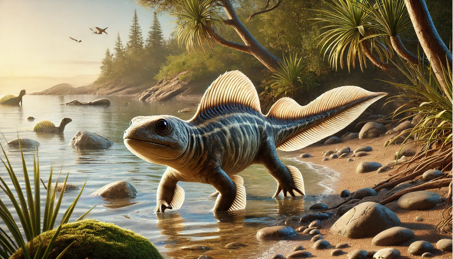 Тиктаалік (Tiktaalik roseae) — вимерла лопатепериста риба з пізнього девону Канади, що вважається одним з найдавніших прикладів наземних хребетних тварин. Зображення згенеровано ШІ