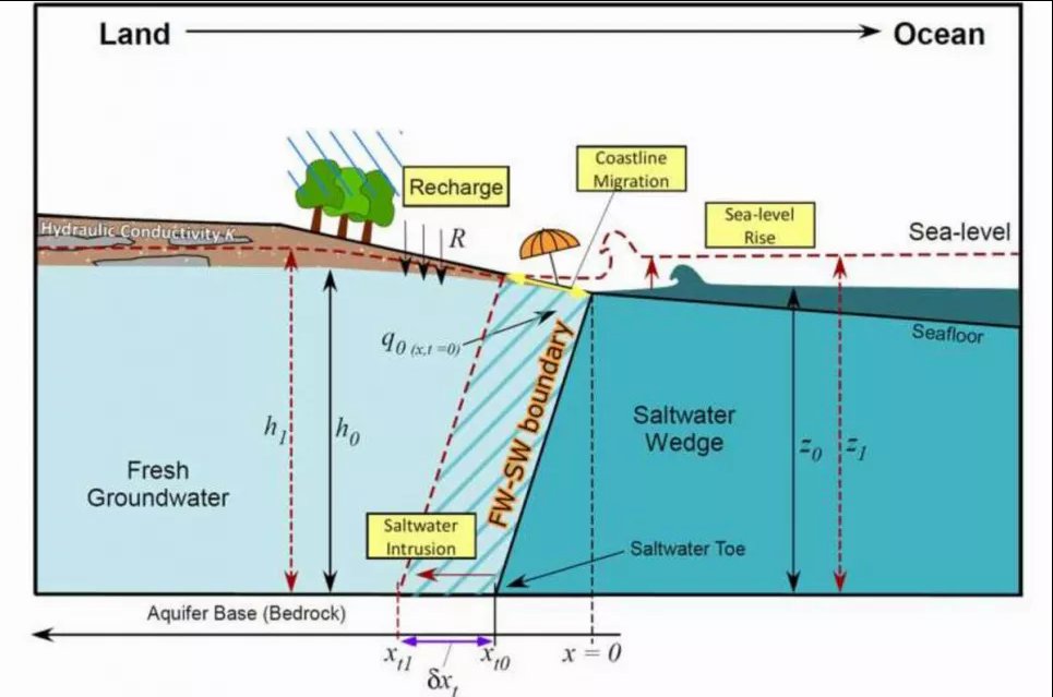 Поперечное сечение прибрежного водоносного горизонта, испытывающего влияние соленой воды. Изображение: Geophysical Research Letters (2024).