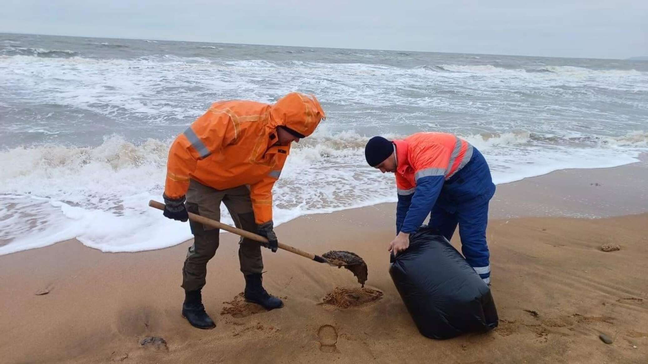 ФОТО: на побережье Черного моря в Крыму собирают мазут, который принесла вода