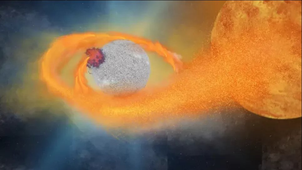 Самая быстрая из известных нам «звезд-вампиров» сжимается - вскоре она взорвется Иллюстрация белой карликовой звезды, которая извлекает звездный материал из звезды-компаньона. Изображение: Robert Lea (создано с помощью Canva)