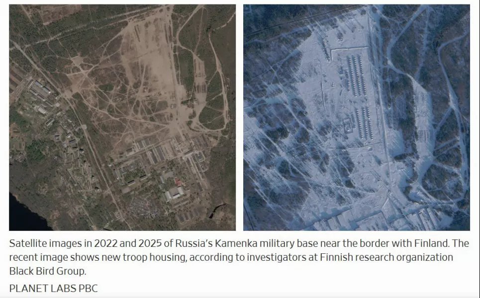 НАТО, просыпайся: Россия наращивает военное присутствие у границы с Финляндией Российская военная база Каменка, 60 км от границы с Финляндией, 2022 и 2025 годы.