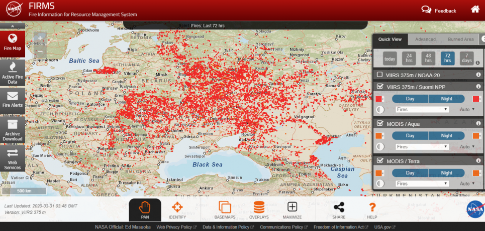 Карта пожеж за останні сб-нд-пн (28-30 березня) з сайту Fire Information for Resource Management System (FIRMS). Проаналізуйте її самостійно, а висновками поділіться у коментарях під статтею