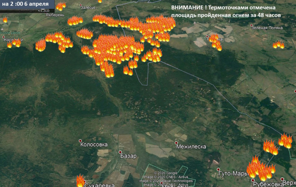 Кияни на вихідних дихали димом радіоактивних пожеж Площа, пройдена вогнем за 48 годин за станом на другу годину ночі шостого квітня. Більшість цієї території на даний момент погашена, але окремі загоряння, судячи з динаміки процесу, є і зараз.Фото з сайту "Відкритий ліс"