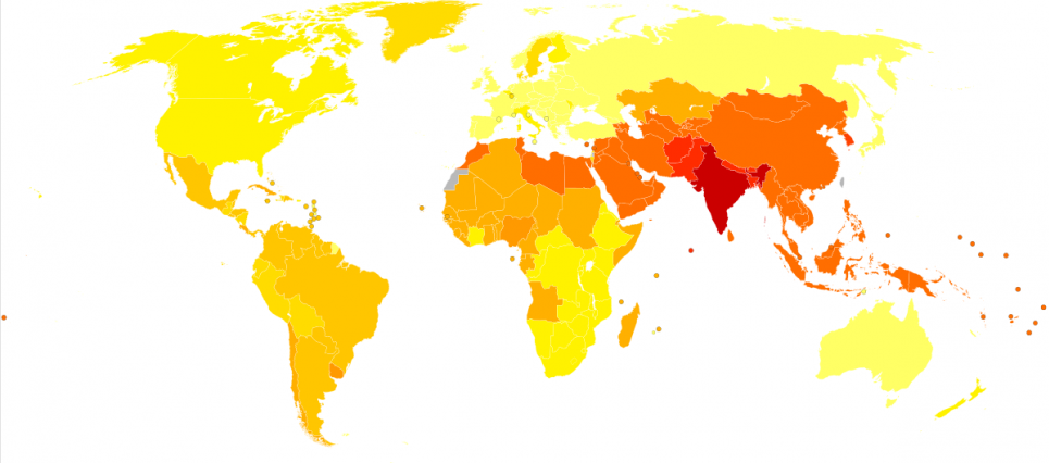 Карта поширеності інвалідності через поліомієліт у світі. Матеріал англійської Вікіпедії