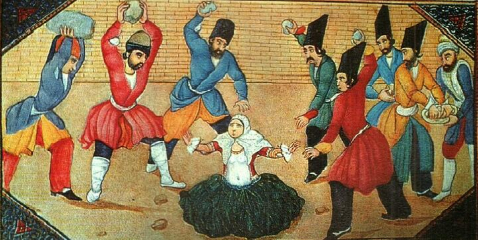 Побиття камінням перелюбниці. Ілюстрація до перського видання «1001 ночі» середини 1850-х років