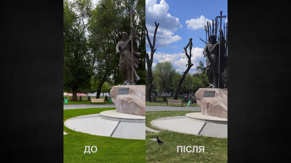 Через харківських комунальників у місті зникають горобці та синиці, без яких дерева гинуть від шкідників — екоактивістка Сквер Стрілка у 2019 та 2023 році, після обробки «Харківзеленбудом». Фото: Ірина Кравченко