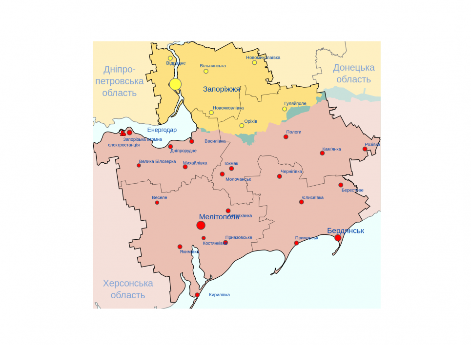 Мапа окупації Запорізької області: Рожевий — територія, окупована Росією. Блакитний — деокуповано. Світло-коричневий — не було окуповано з 24 лютого 2022 р. Джерело: https://uk.wikipedia.org