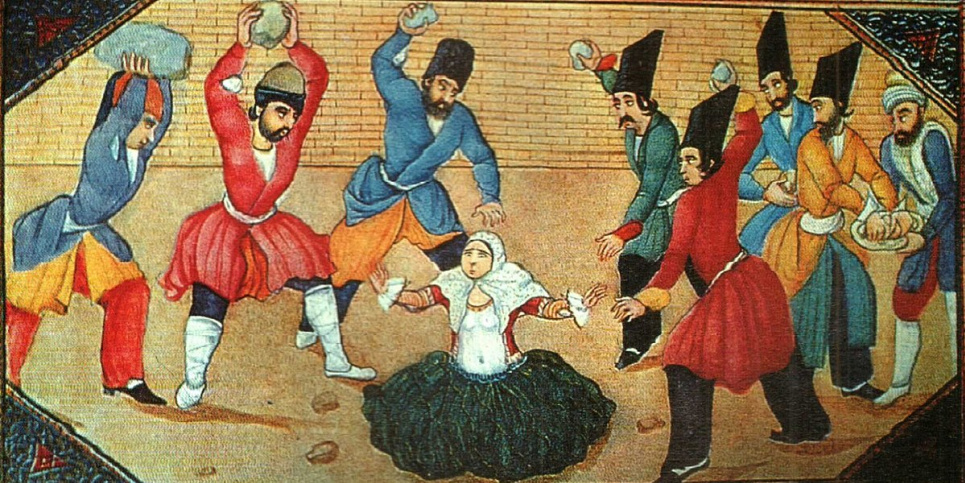 Избиение камнями прелюбодейки. Иллюстрация к персидскому изданию «1001 ночи» середины 1850-х годов