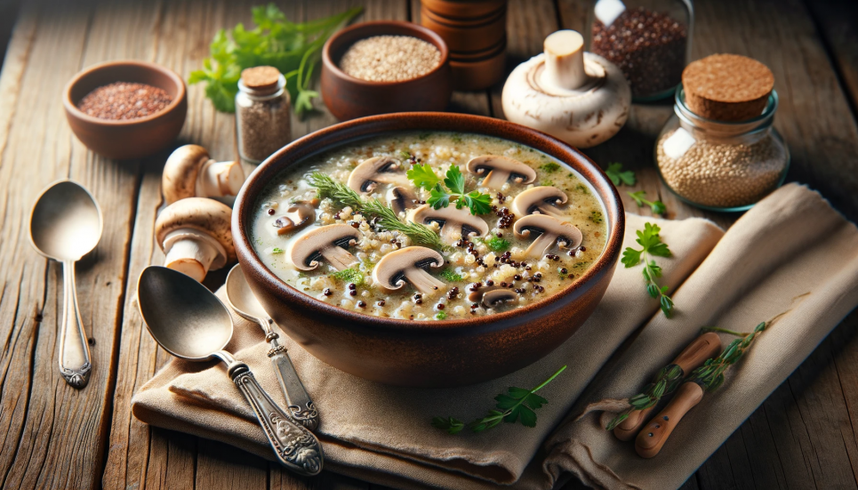 Грибний суп із кіноа — смачний діабетичний рецепт Зображення згенероване ШІ