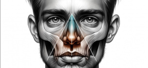 «Трикутник смерті» на обличчі простягається від кінчика носа до точки по обидва боки губ, приблизно там, де зазвичай з'являються ямочки. Зображення згенероване ШІ