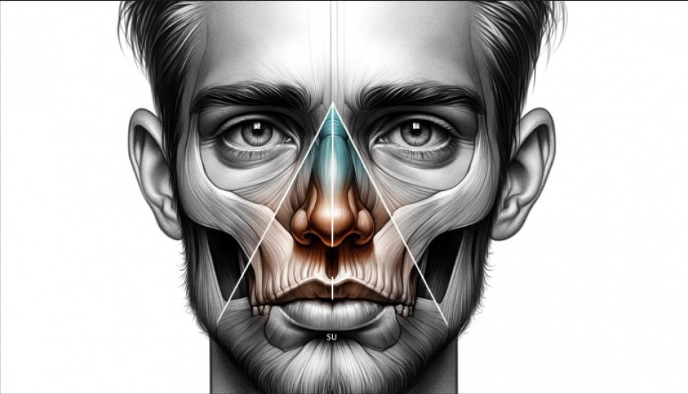«Трикутник смерті» на обличчі простягається від кінчика носа до точки по обидва боки губ, приблизно там, де зазвичай з'являються ямочки. Зображення згенероване ШІ