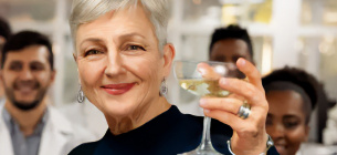 80-річна Клер Майєрсон у 2050 році піднімає келих шампанського за наступне покоління науковців-дослідників, які досягли успіху у наданні допомоги хворим на рак молочної залози. Фото: Джилліан Едельштейн / breastcancernow.org