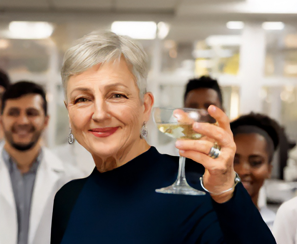 80-річна Клер Майєрсон у 2050 році піднімає келих шампанського за наступне покоління науковців-дослідників, які досягли успіху у наданні допомоги хворим на рак молочної залози. Фото: Джилліан Едельштейн / breastcancernow.org