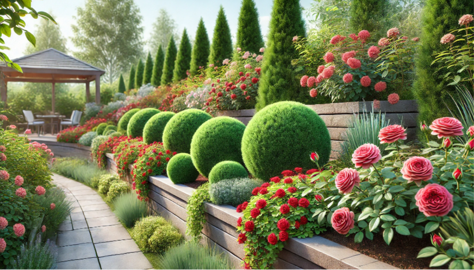 Туї Даніка на підпірній стінці в комбінації з ґрунтопокровними трояндами — ідеальне поєднання (ВІДЕО) Зображення згенеровано ШІ