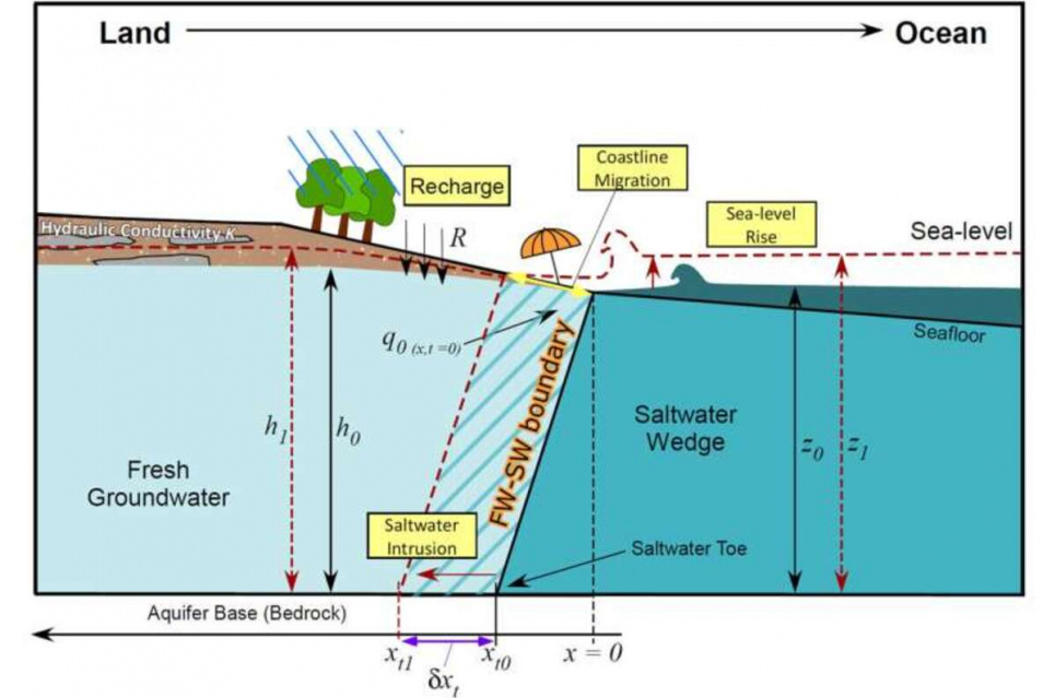 Поперечний переріз прибережного водоносного горизонту, що зазнає впливу солоної води. Зображення: Geophysical Research Letters (2024). DOI: 10.1029/2024GL110359