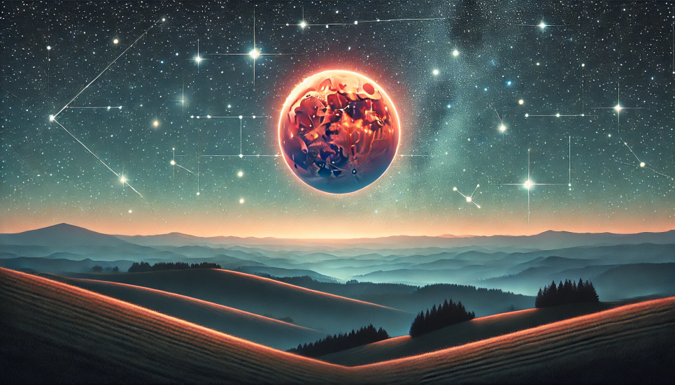 Марс у всій красі: протистояння у сузір'ї Близнюків 16 січня 2025 року Зображення створене ШІ