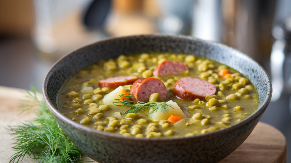 Гороховий суп із ковбасою — простий рецепт Зображення згенеровано ШІ