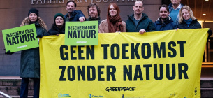 «Свято без торта»: Greenpeace виграв позов проти Нідерландів Співробітники Greenpeace перед Палацом правосуддя в Гаазі з плакатом «Немає майбутнього без природи» та зеленими табличками з написом «Захистіть нашу природу». Скріншот відео від Marten van Dijl / Greenpeace