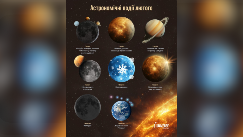 Вирівнювання 7 планет і приголомшливе сяйво Венери: ТОП астрономічних подій лютого ТОП астрономічних подій лютого. Інфографіка: Universe Space Tech