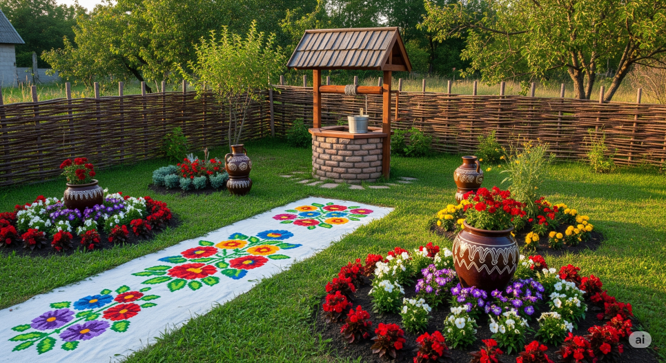 Українське подвір'я нового часу: як етно-мотиви у ландшафтному дизайні створюють оазу національної ідентичності та краси Зображення згенеровано ШІ
