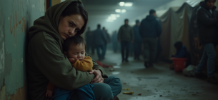 Після втечі — темрява: як насильство, війна і вигнання ламають психіку Біженка з дитиною в таборі. Зображення згенероване ШІ