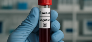 Пробірка із кров'ю «Gwada Negative». Зображення створено ШІ